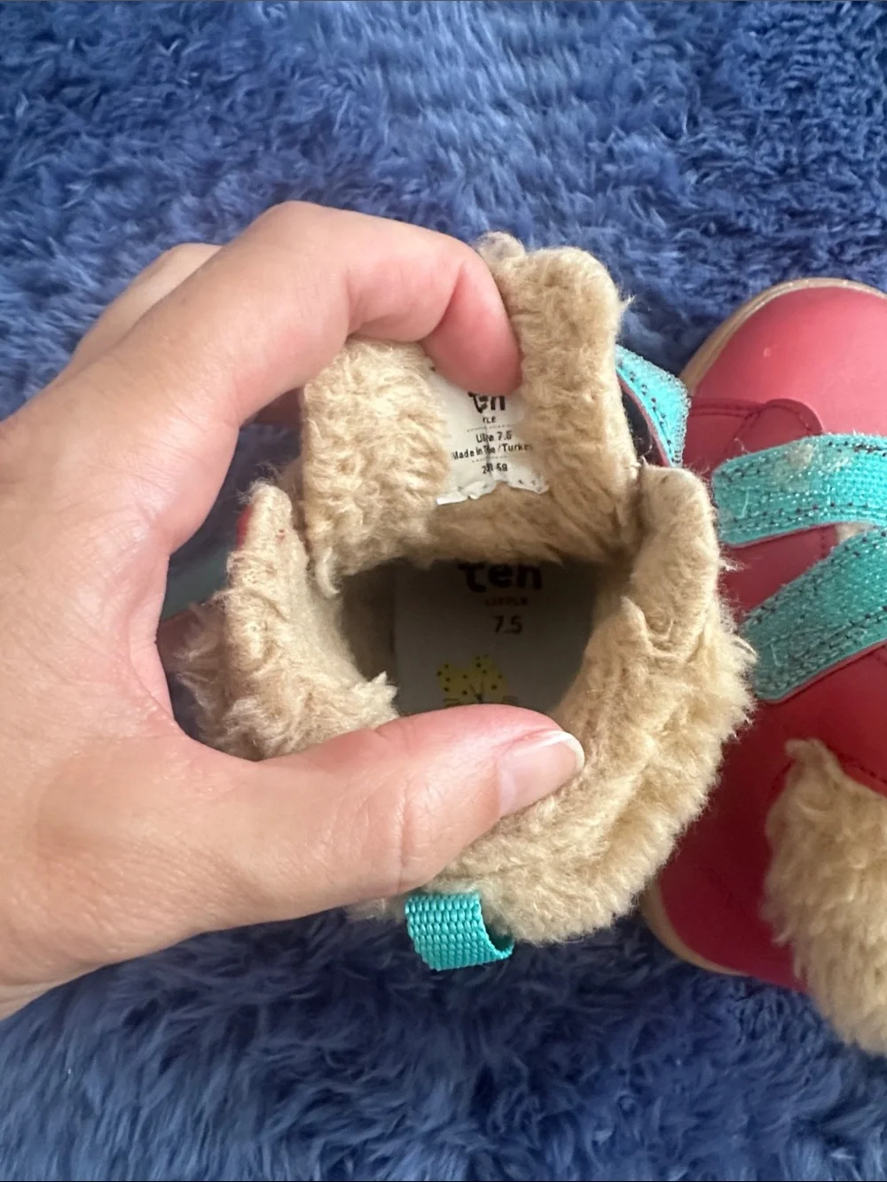 Ten Little Fuzzy Red with Turquoise Straps